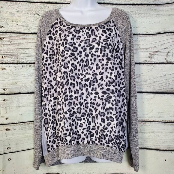KUT from the Kloth XL Leopard Print Pullover Top Gray Raglan Sleeves Knit Hem - Picture 1 of 7